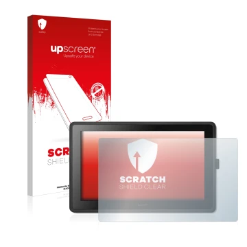 Parte frontal de un envase de producto con el logotipo de la marca upscreen. Al lado se muestra el dispositivo Wacom Cintiq 22