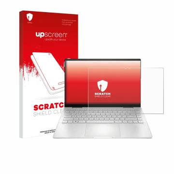 Parte frontal de un envase de producto con el logotipo de la marca upscreen. Al lado se muestra el dispositivo HP Pavilion x36