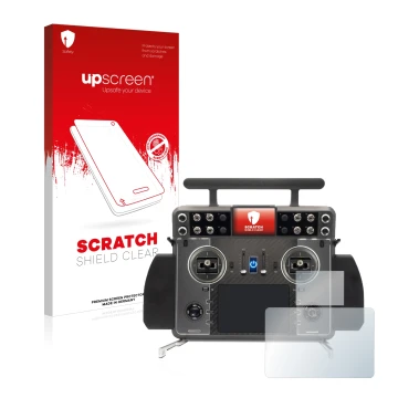 Parte frontal de un envase de producto con el logotipo de la marca upscreen. Al lado se muestra el dispositivo FrSky Tandem XE