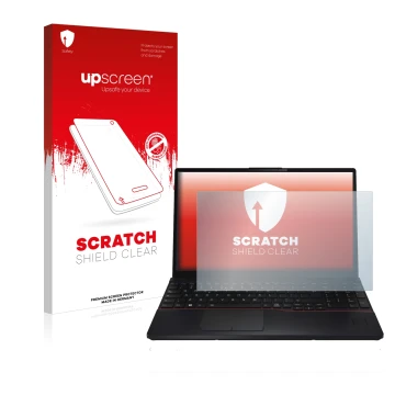 Parte frontal de un envase de producto con el logotipo de la marca upscreen. Al lado se muestra el dispositivo Fujitsu Lifeboo