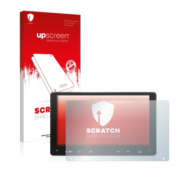 Parte frontal de un envase de producto con el logotipo de la marca upscreen. Al lado se muestra el dispositivo Atoto A6 PF 9 Z