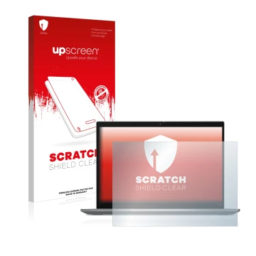 Parte frontal de un envase de producto con el logotipo de la marca upscreen. Al lado se muestra el dispositivo Lenovo ThinkPad