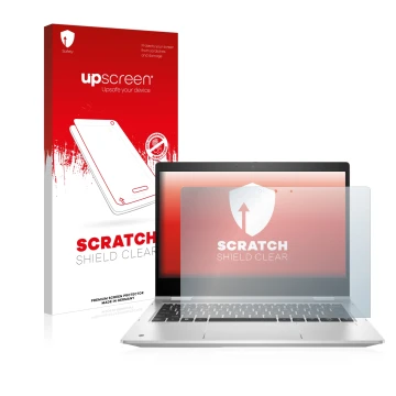 Parte frontal de un envase de producto con el logotipo de la marca upscreen. Al lado se muestra el dispositivo HP ProBook x360