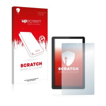 Parte frontal de un envase de producto con el logotipo de la marca upscreen. Al lado se muestra el dispositivo Lenovo Tab M9 c