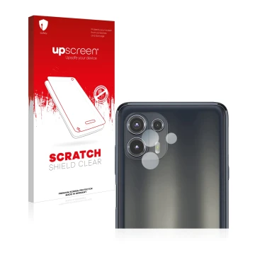 Parte frontal de un envase de producto con el logotipo de la marca upscreen. Al lado se muestra el dispositivo Motorola Edge 2