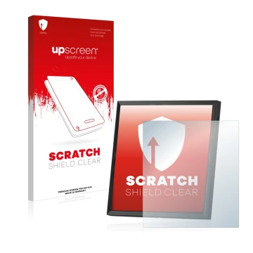 Parte frontal de un envase de producto con el logotipo de la marca upscreen. Al lado se muestra el dispositivo Divoom Pixoo-64