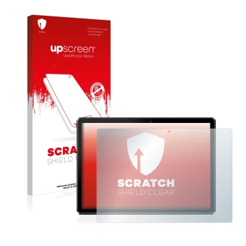 Parte frontal de un envase de producto con el logotipo de la marca upscreen. Al lado se muestra el dispositivo Pritom M10 10.1