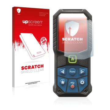 Parte frontal de un envase de producto con el logotipo de la marca upscreen. Al lado se muestra el dispositivo Bosch GLM 50-25