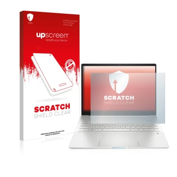 Parte frontal de un envase de producto con el logotipo de la marca upscreen. Al lado se muestra el dispositivo HP Pavilion Plu
