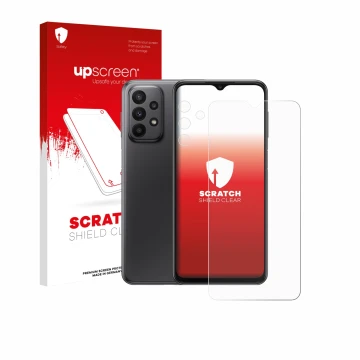Parte frontal de un envase de producto con el logotipo de la marca upscreen. Al lado se muestra el dispositivo Samsung Galaxy 