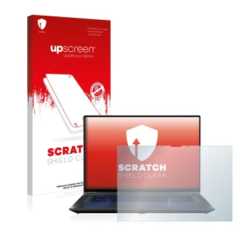 Parte frontal de un envase de producto con el logotipo de la marca upscreen. Al lado se muestra el dispositivo ASUS ROG Flow X