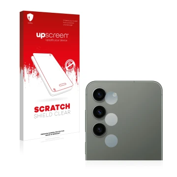 Parte frontal de un envase de producto con el logotipo de la marca upscreen. Al lado se muestra el dispositivo Samsung Galaxy 