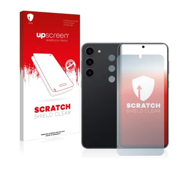 Parte frontal de un envase de producto con el logotipo de la marca upscreen. Al lado se muestra el dispositivo Samsung Galaxy 