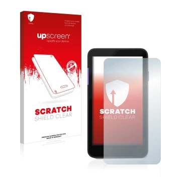 Parte frontal de un envase de producto con el logotipo de la marca upscreen. Al lado se muestra el dispositivo Zettle Terminal