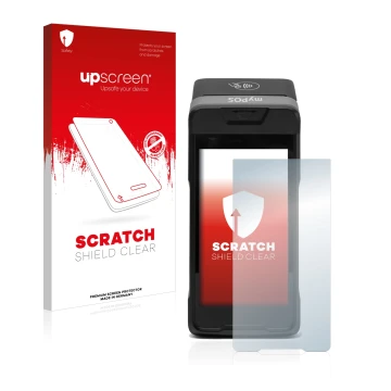 Parte frontal de un envase de producto con el logotipo de la marca upscreen. Al lado se muestra el dispositivo myPOS Carbon co