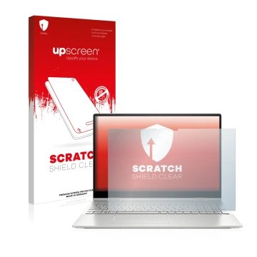 Parte frontal de un envase de producto con el logotipo de la marca upscreen. Al lado se muestra el dispositivo HP Envy x360 2-