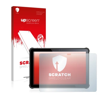Parte frontal de un envase de producto con el logotipo de la marca upscreen. Al lado se muestra el dispositivo Oukitel RT2 con
