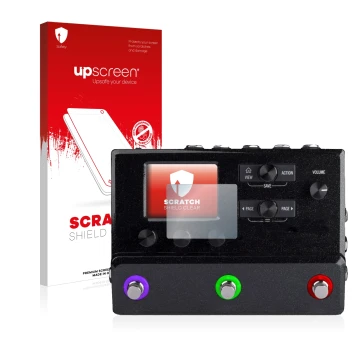 Parte frontal de un envase de producto con el logotipo de la marca upscreen. Al lado se muestra el dispositivo Line 6 hx stomp
