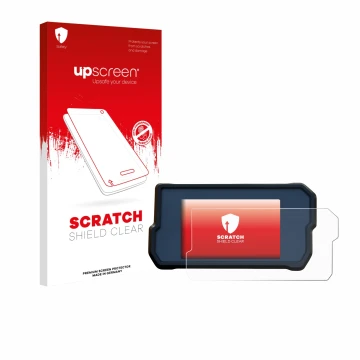 Parte frontal de un envase de producto con el logotipo de la marca upscreen. Al lado se muestra el dispositivo KTM 390 Duke 20