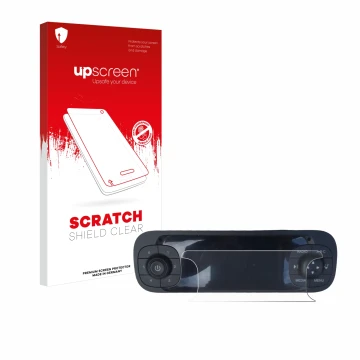 Parte frontal de un envase de producto con el logotipo de la marca upscreen. Al lado se muestra el dispositivo Fiat Panda 2019