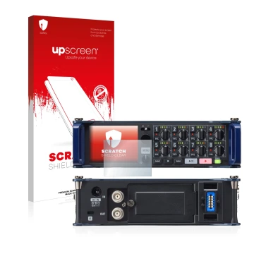 Parte frontal de un envase de producto con el logotipo de la marca upscreen. Al lado se muestra el dispositivo Zoom F8 field r
