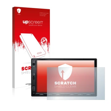 Parte frontal de un envase de producto con el logotipo de la marca upscreen. Al lado se muestra el dispositivo Atoto S8 Standa