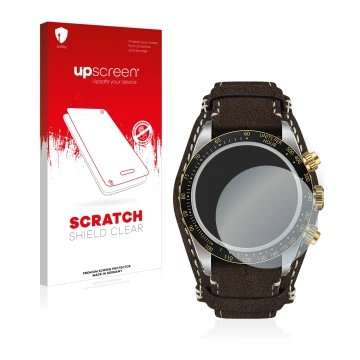 Parte frontal de un envase de producto con el logotipo de la marca upscreen. Al lado se muestra el dispositivo Tudor Black Bay