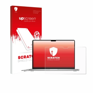 Parte frontal de un envase de producto con el logotipo de la marca upscreen. Al lado se muestra el dispositivo Apple MacBook P