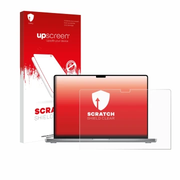 Parte frontal de un envase de producto con el logotipo de la marca upscreen. Al lado se muestra el dispositivo Apple MacBook P