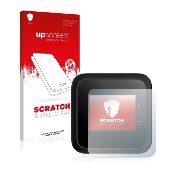 Parte frontal de un envase de producto con el logotipo de la marca upscreen. Al lado se muestra el dispositivo Netgear Nightha