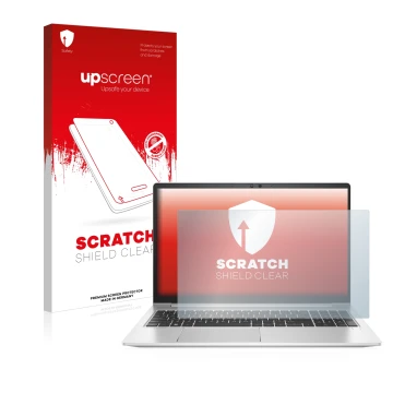 Parte frontal de un envase de producto con el logotipo de la marca upscreen. Al lado se muestra el dispositivo HP EliteBook 65