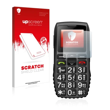 Parte frontal de un envase de producto con el logotipo de la marca upscreen. Al lado se muestra el dispositivo artfone C1 + co