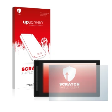 Parte frontal de un envase de producto con el logotipo de la marca upscreen. Al lado se muestra el dispositivo Huion Kamvas Pr