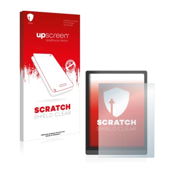 Parte frontal de un envase de producto con el logotipo de la marca upscreen. Al lado se muestra el dispositivo Boox Tab X con 