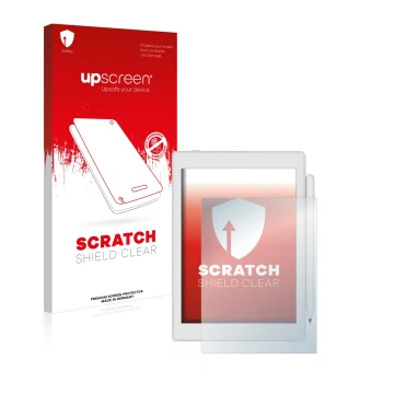 Parte frontal de un envase de producto con el logotipo de la marca upscreen. Al lado se muestra el dispositivo Boox Nova Air 2