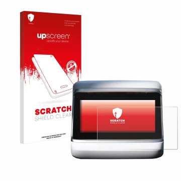 Parte frontal de un envase de producto con el logotipo de la marca upscreen. Al lado se muestra el dispositivo Tesla Model X P