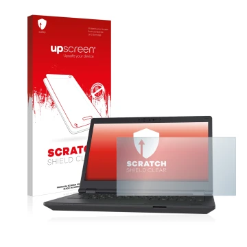 Parte frontal de un envase de producto con el logotipo de la marca upscreen. Al lado se muestra el dispositivo Fujitsu Lifeboo