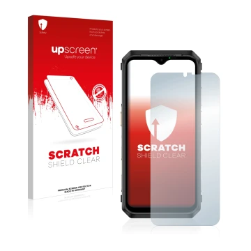 Parte frontal de un envase de producto con el logotipo de la marca upscreen. Al lado se muestra el dispositivo Ulefone Power A