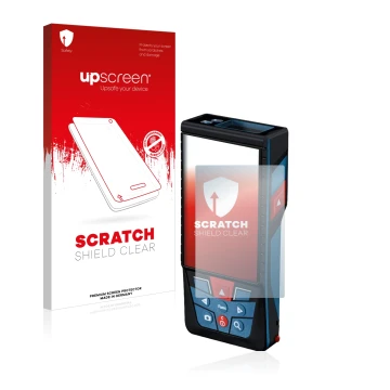 Parte frontal de un envase de producto con el logotipo de la marca upscreen. Al lado se muestra el dispositivo Bosch GLM 150-2