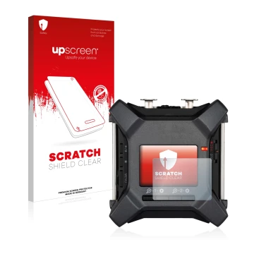 Parte frontal de un envase de producto con el logotipo de la marca upscreen. Al lado se muestra el dispositivo Zoom F3 field r