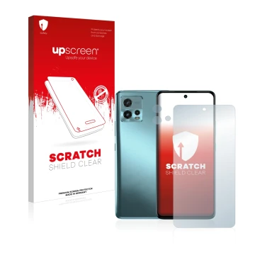 Parte frontal de un envase de producto con el logotipo de la marca upscreen. Al lado se muestra el dispositivo Motorola Moto G