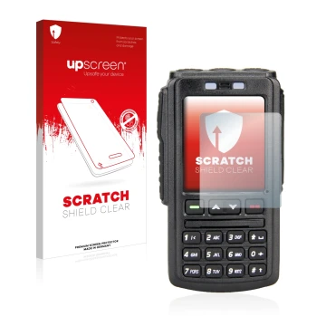 Parte frontal de un envase de producto con el logotipo de la marca upscreen. Al lado se muestra el dispositivo AnyTone BT-01 c