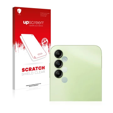 Parte frontal de un envase de producto con el logotipo de la marca upscreen. Al lado se muestra el dispositivo Samsung Galaxy 