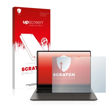 Parte frontal de un envase de producto con el logotipo de la marca upscreen. Al lado se muestra el dispositivo Samsung Galaxy 