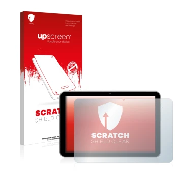 Parte frontal de un envase de producto con el logotipo de la marca upscreen. Al lado se muestra el dispositivo Peaq PET 1008 c