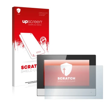 Parte frontal de un envase de producto con el logotipo de la marca upscreen. Al lado se muestra el dispositivo Hikvision DS-KH