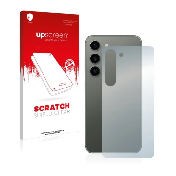 Parte frontal de un envase de producto con el logotipo de la marca upscreen. Al lado se muestra el dispositivo Samsung Galaxy 