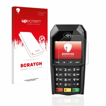 Parte frontal de un envase de producto con el logotipo de la marca upscreen. Al lado se muestra el dispositivo ingenico Desk/1