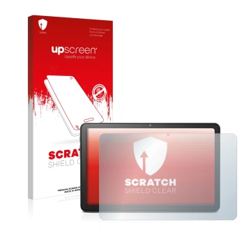 Parte frontal de un envase de producto con el logotipo de la marca upscreen. Al lado se muestra el dispositivo Doro Tablet 10.