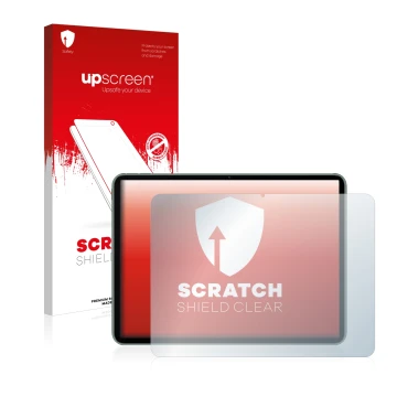 Parte frontal de un envase de producto con el logotipo de la marca upscreen. Al lado se muestra el dispositivo OnePlus Pad con